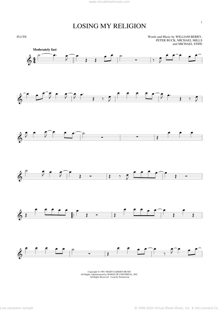 Losing My Religion sheet music for flute solo by R.E.M., Michael Stipe, Mike Mills, Peter Buck and William Berry, intermediate skill level