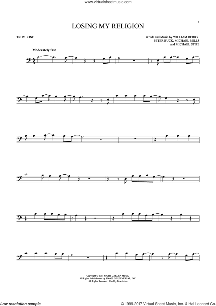 Losing My Religion sheet music for trombone solo by R.E.M., Michael Stipe, Mike Mills, Peter Buck and William Berry, intermediate skill level