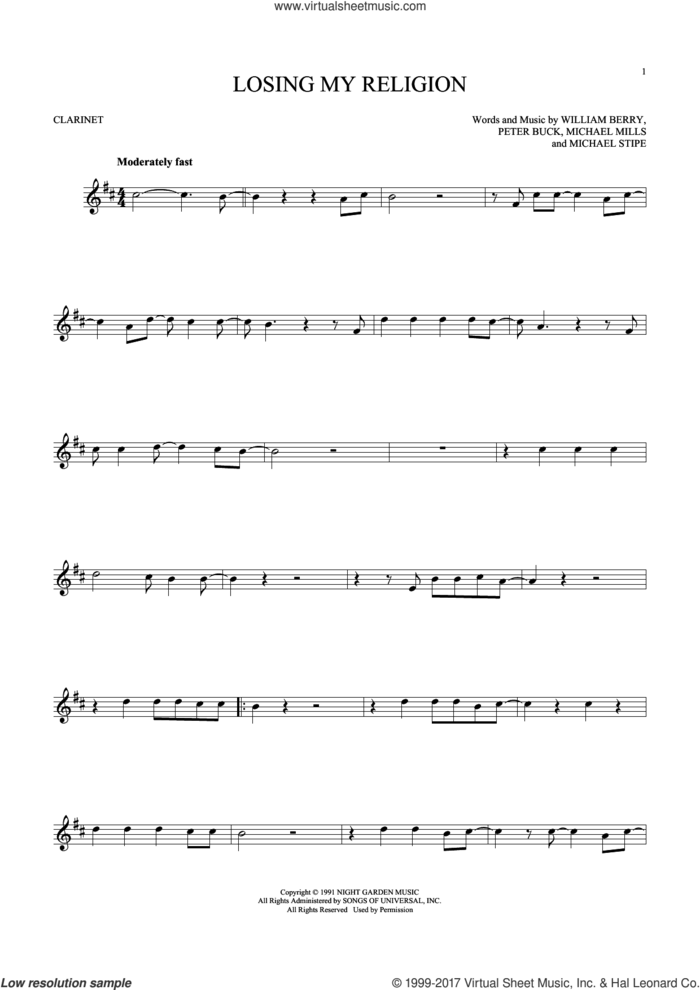 Losing My Religion sheet music for clarinet solo by R.E.M., Michael Stipe, Mike Mills, Peter Buck and William Berry, intermediate skill level