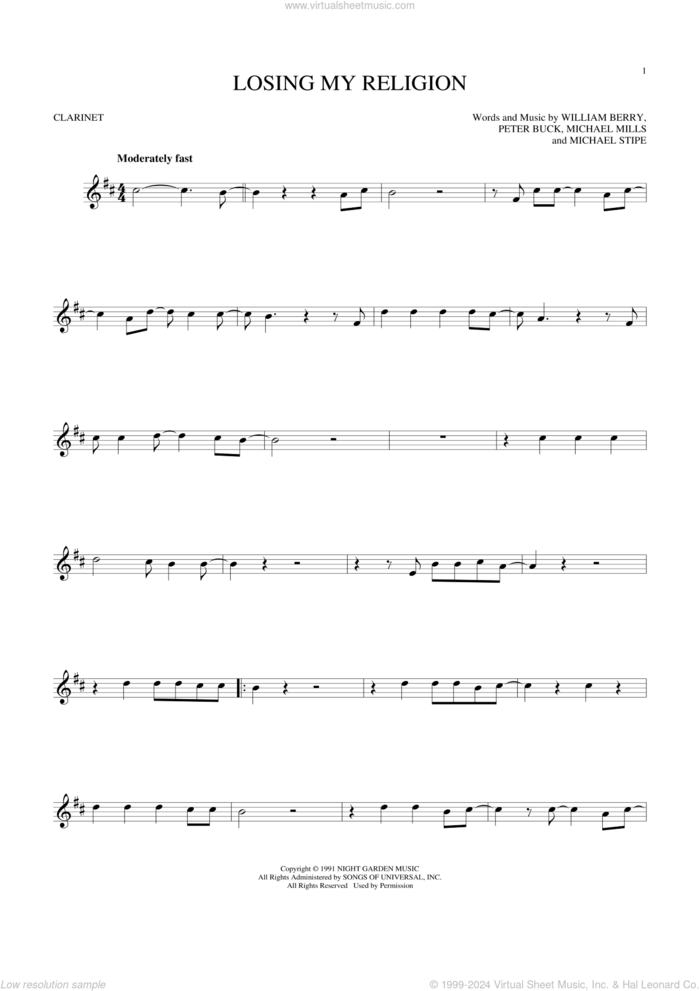 Losing My Religion sheet music for clarinet solo by R.E.M., Michael Stipe, Mike Mills, Peter Buck and William Berry, intermediate skill level