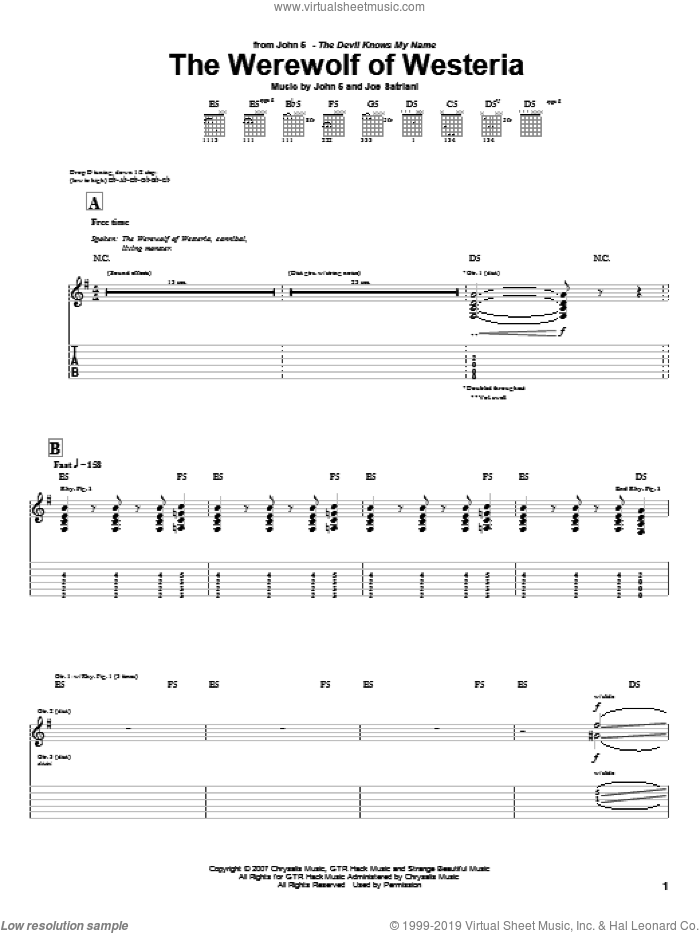 The Werewolf Of Westeria sheet music for guitar (tablature) by Joe Satriani and John5, intermediate skill level