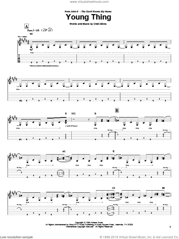 Young Thing sheet music for guitar (tablature) by Chet Atkins and John5, intermediate skill level