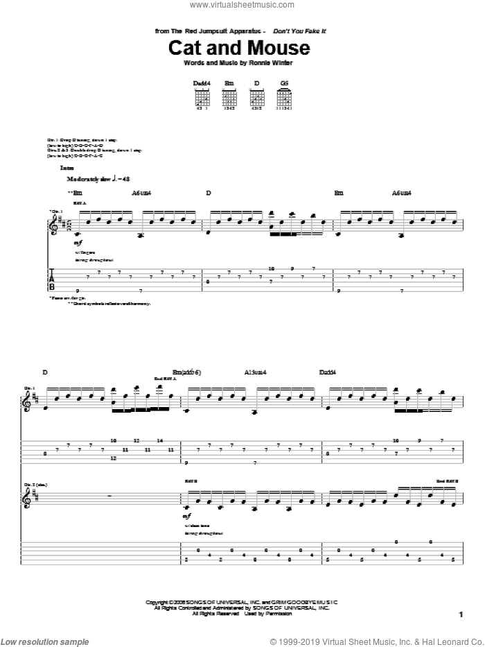 Cat And Mouse sheet music for guitar (tablature) by The Red Jumpsuit Apparatus and Ronnie Winter, intermediate skill level
