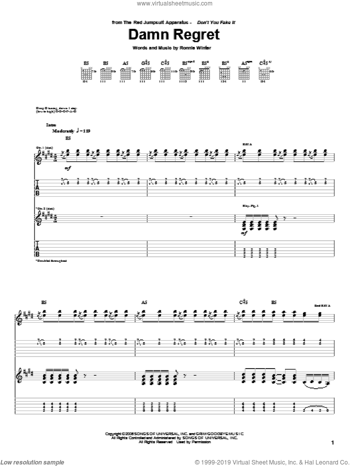 Damn Regret sheet music for guitar (tablature) by The Red Jumpsuit Apparatus and Ronnie Winter, intermediate skill level