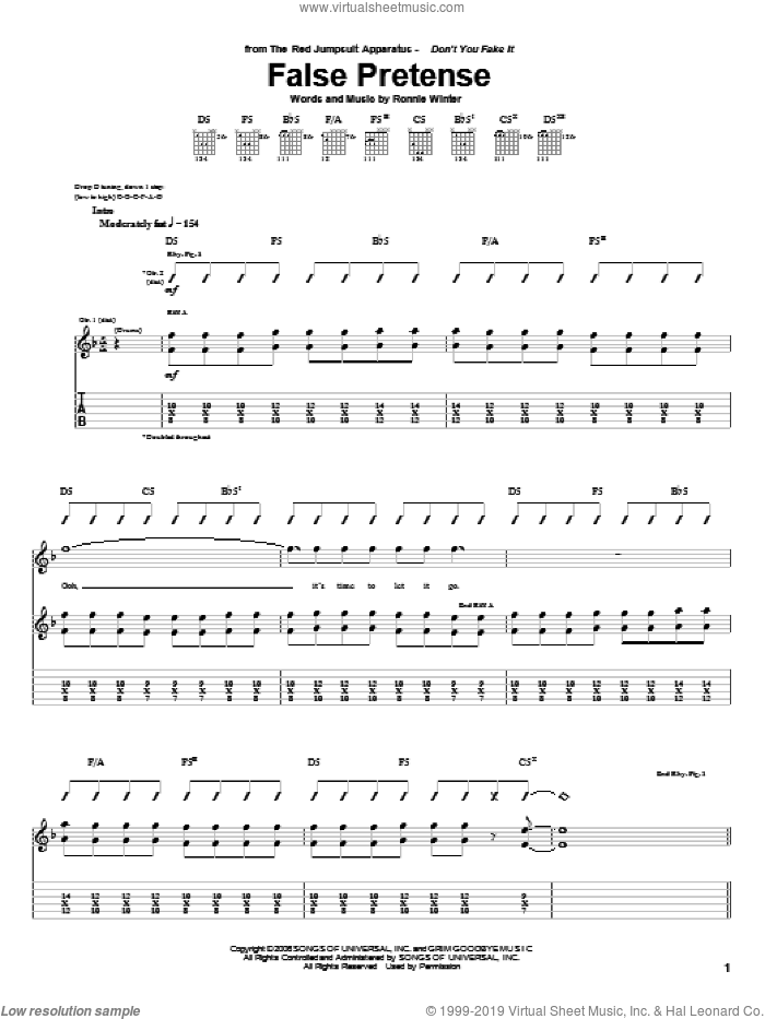 False Pretense sheet music for guitar (tablature) by The Red Jumpsuit Apparatus and Ronnie Winter, intermediate skill level
