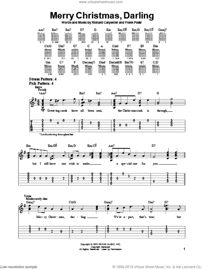 Merry Christmas, Darling sheet music for guitar solo (chords) by Carpenters, Frank Pooler and Richard Carpenter, easy guitar (chords)