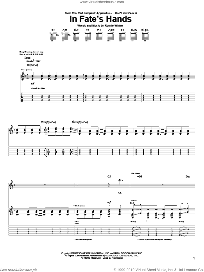 In Fate's Hands sheet music for guitar (tablature) by The Red Jumpsuit Apparatus and Ronnie Winter, intermediate skill level