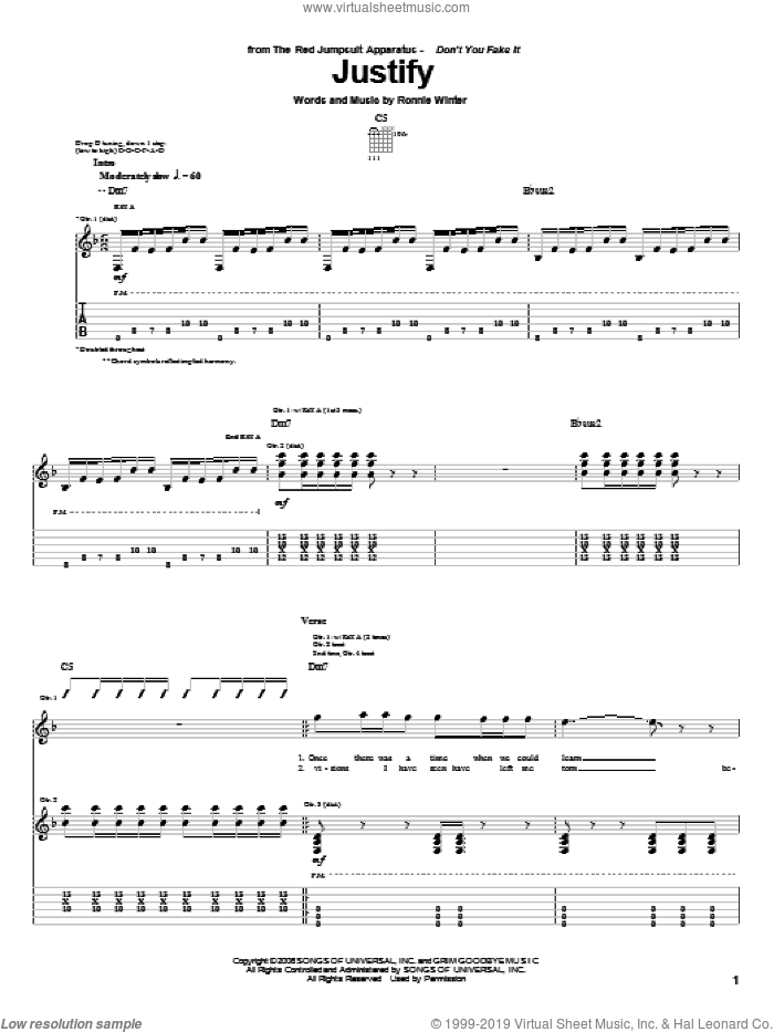 Justify sheet music for guitar (tablature) by The Red Jumpsuit Apparatus and Ronnie Winter, intermediate skill level