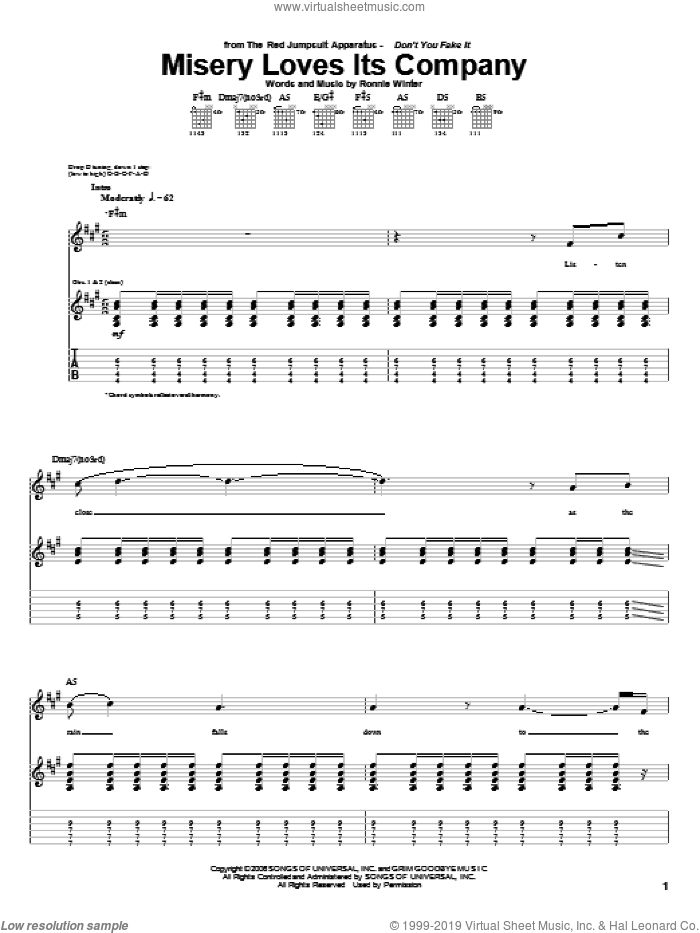 Misery Loves Its Company sheet music for guitar (tablature) by The Red Jumpsuit Apparatus and Ronnie Winter, intermediate skill level