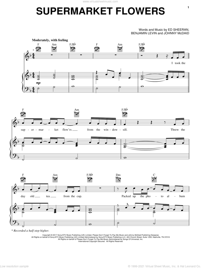 Supermarket Flowers sheet music for voice, piano or guitar by Ed Sheeran, Benjamin Levin and Johnny McDaid, intermediate skill level