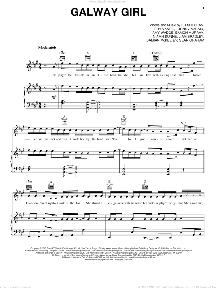 Galway Girl sheet music for voice, piano or guitar by Ed Sheeran, Amy Wadge, Damian McKee, Eamon Murray, Foy Vance, Johnny McDaid, Liam Bradley, Niamh Dunne and Sean Graham, intermediate skill level