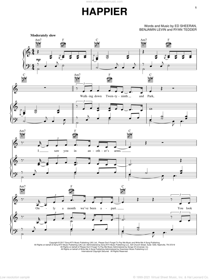 Happier sheet music for voice, piano or guitar by Ed Sheeran, Benjamin Levin and Ryan Tedder, intermediate skill level
