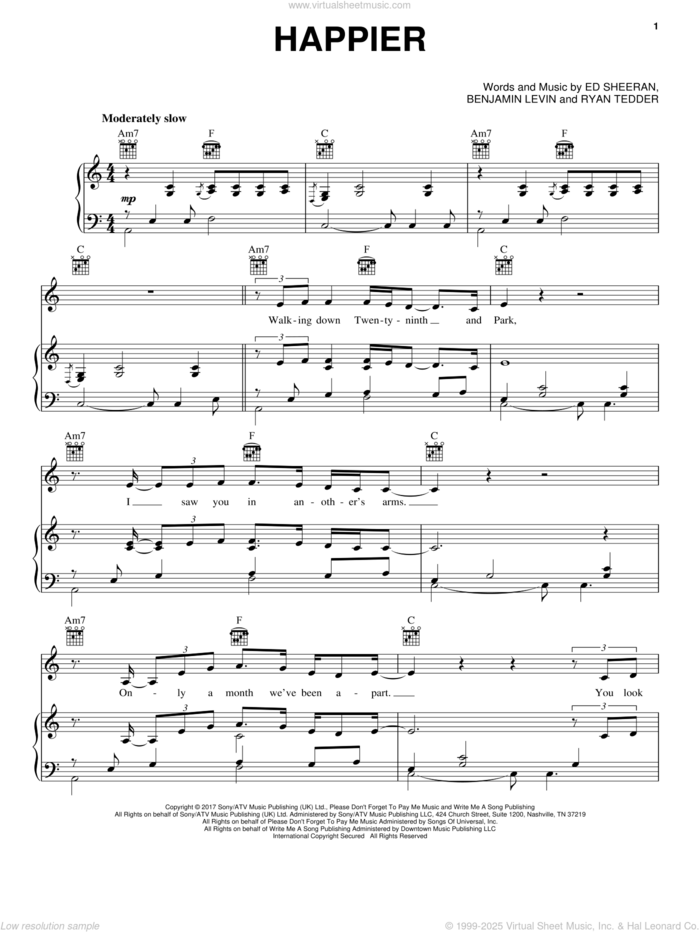 Happier sheet music for voice, piano or guitar by Ed Sheeran, Benjamin Levin and Ryan Tedder, intermediate skill level