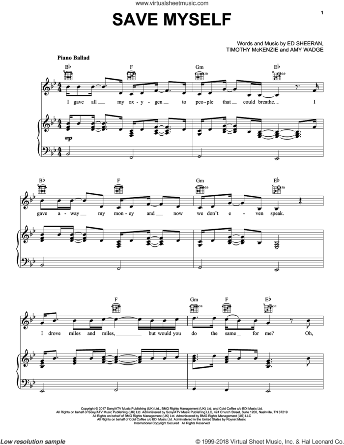 Save Myself sheet music for voice, piano or guitar by Ed Sheeran, Amy Wadge and Timothy McKenzie, intermediate skill level