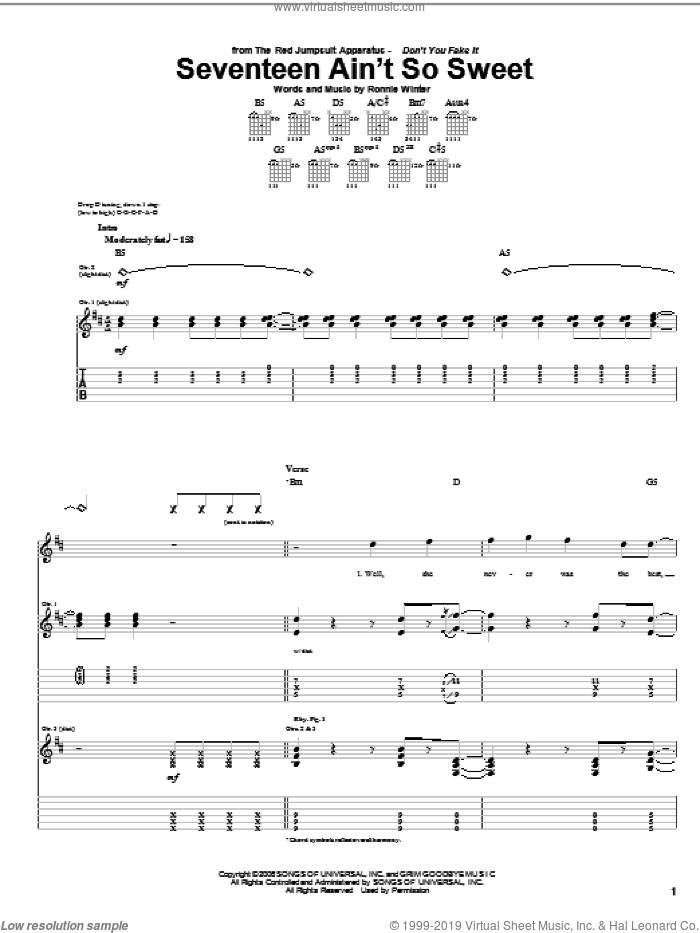 Seventeen Ain't So Sweet sheet music for guitar (tablature) by The Red Jumpsuit Apparatus and Ronnie Winter, intermediate skill level