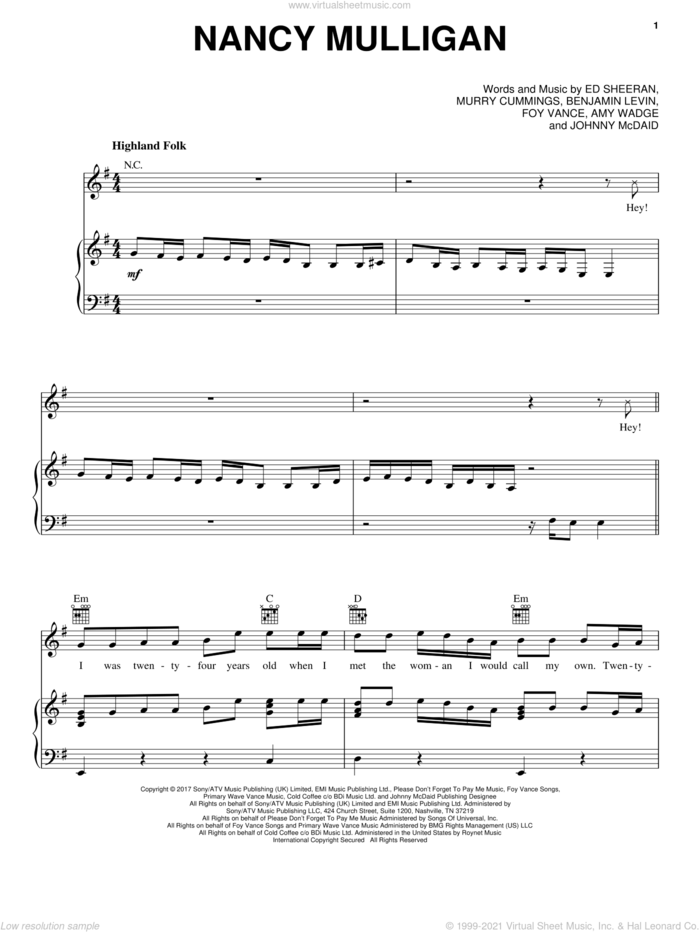 Nancy Mulligan sheet music for voice, piano or guitar by Ed Sheeran, Amy Wadge, Benjamin Levin, Foy Vance, Johnny McDaid and Murray Cummings, intermediate skill level