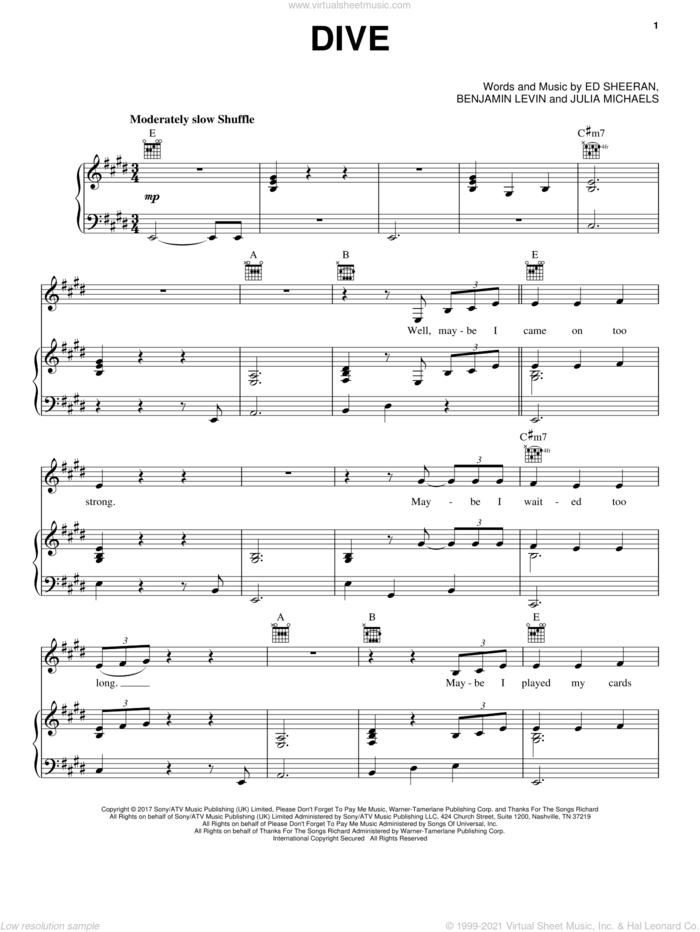 Dive sheet music for voice, piano or guitar by Ed Sheeran, Benjamin Levin and Julia Michaels, intermediate skill level