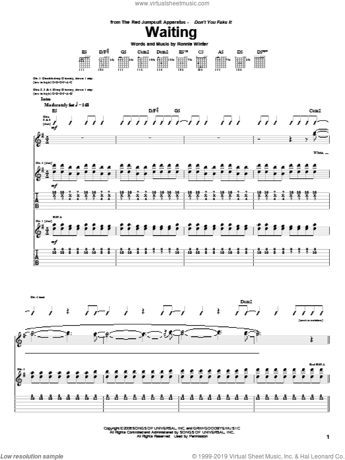 Waiting sheet music for guitar (tablature) by The Red Jumpsuit Apparatus and Ronnie Winter, intermediate skill level