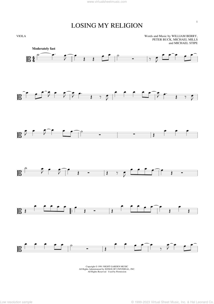 Losing My Religion sheet music for viola solo by R.E.M., Dia Frampton, Michael Stipe, Mike Mills, Peter Buck and William Berry, intermediate skill level