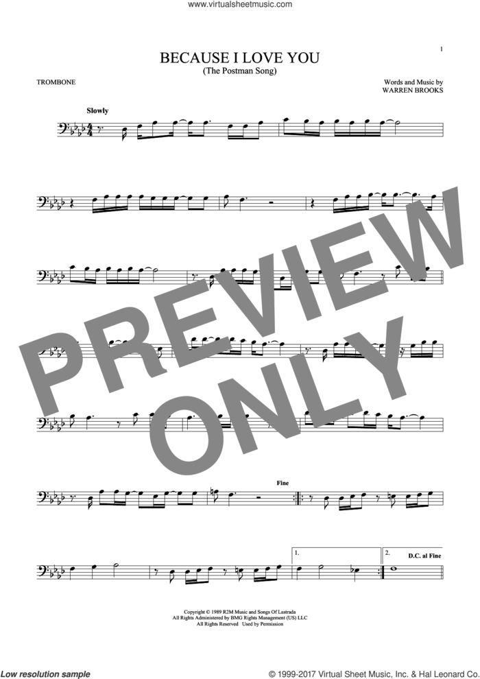 Because I Love You (The Postman Song) sheet music for trombone solo by Stevie B and Warren Brooks, intermediate skill level