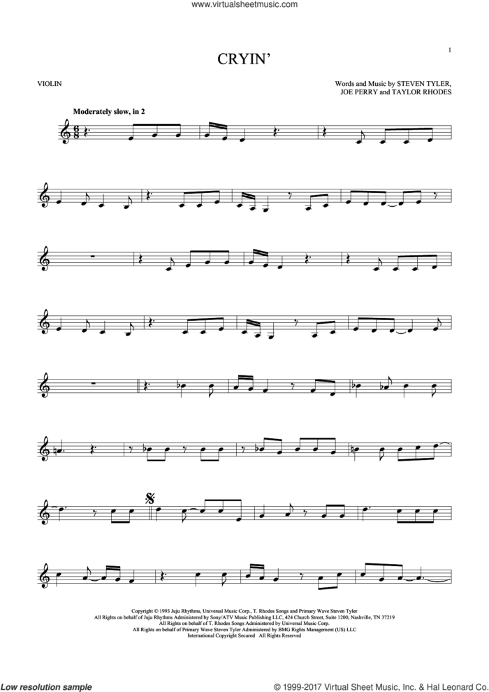 Cryin' sheet music for violin solo by Aerosmith, Joe Perry, Steven Tyler and Taylor Rhodes, intermediate skill level