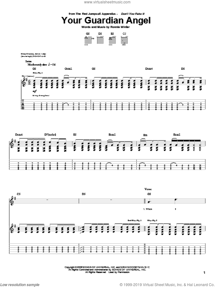 Your Guardian Angel sheet music for guitar (tablature) by The Red Jumpsuit Apparatus and Ronnie Winter, intermediate skill level