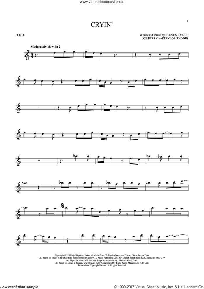 Cryin' sheet music for flute solo by Aerosmith, Joe Perry, Steven Tyler and Taylor Rhodes, intermediate skill level