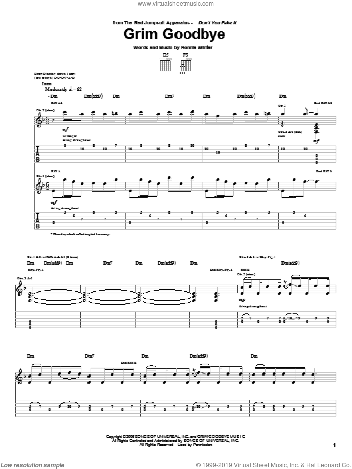 Grim Goodbye sheet music for guitar (tablature) by The Red Jumpsuit Apparatus and Ronnie Winter, intermediate skill level