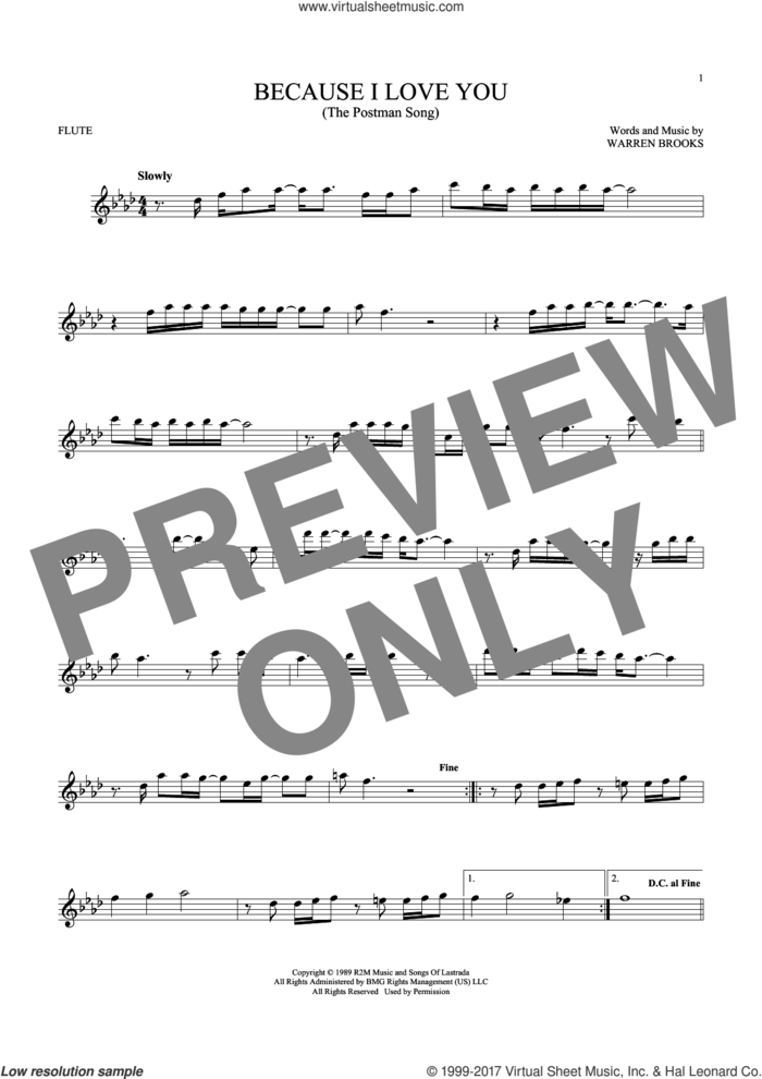 Because I Love You (The Postman Song) sheet music for flute solo by Stevie B and Warren Brooks, intermediate skill level