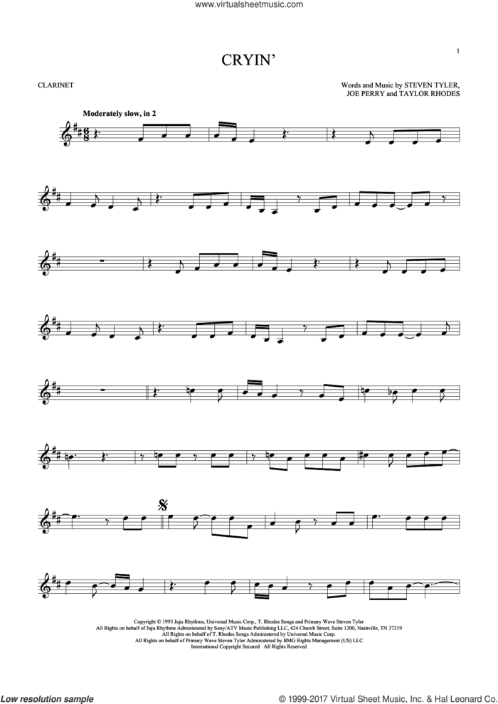Cryin' sheet music for clarinet solo by Aerosmith, Joe Perry, Steven Tyler and Taylor Rhodes, intermediate skill level
