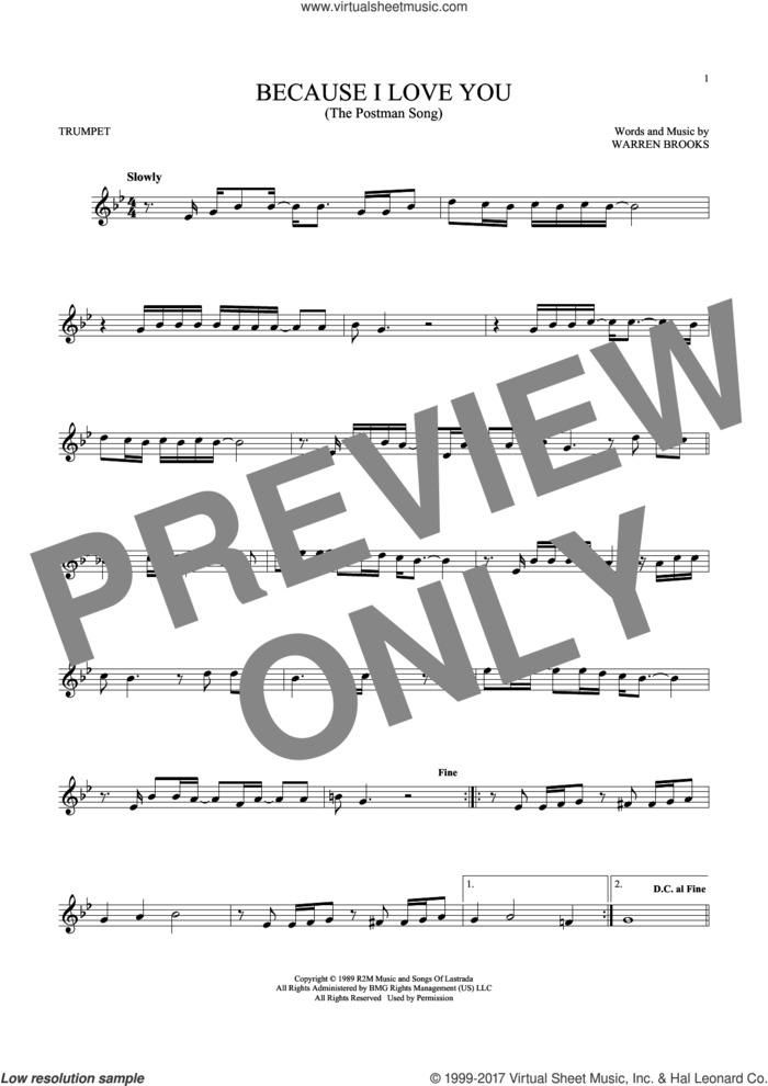 Because I Love You (The Postman Song) sheet music for trumpet solo by Stevie B and Warren Brooks, intermediate skill level