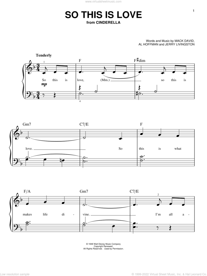 So This Is Love (from Cinderella) sheet music for piano solo by James Ingram, Al Hoffman, Jerry Livingston, Mack David and Mack David, Al Hoffman and Jerry Livingston, easy skill level