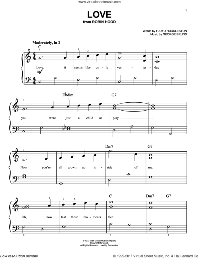 Love sheet music for piano solo by Floyd Huddleston and George Bruns, easy skill level