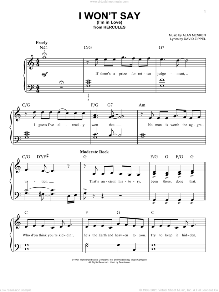 I Won't Say (I'm In Love) (from Hercules) sheet music for piano solo by Alan Menken and David Zippel, easy skill level