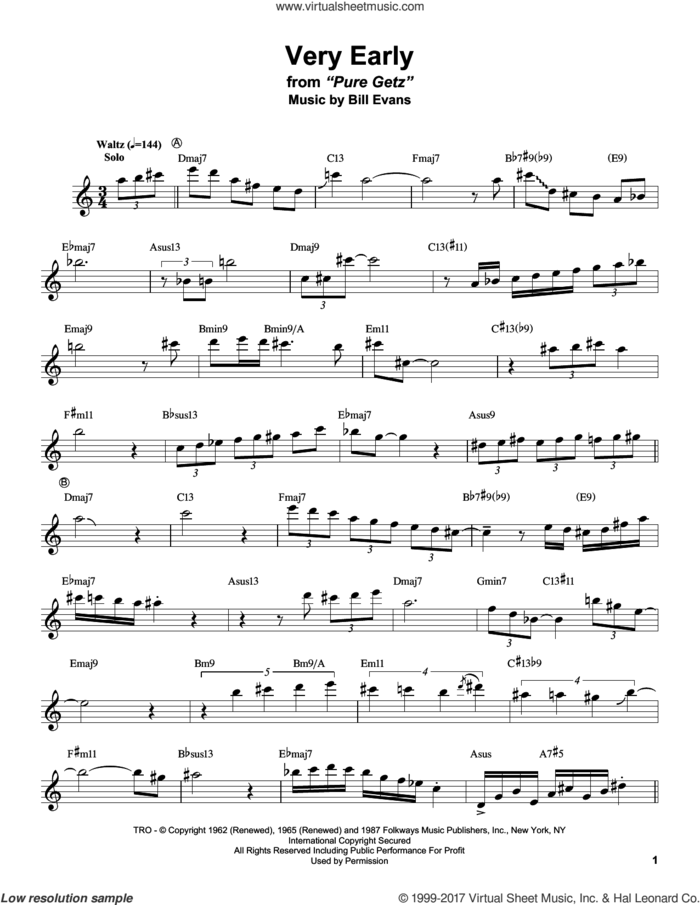 Very Early sheet music for tenor saxophone solo (transcription) by Stan Getz and Bill Evans, intermediate tenor saxophone (transcription)