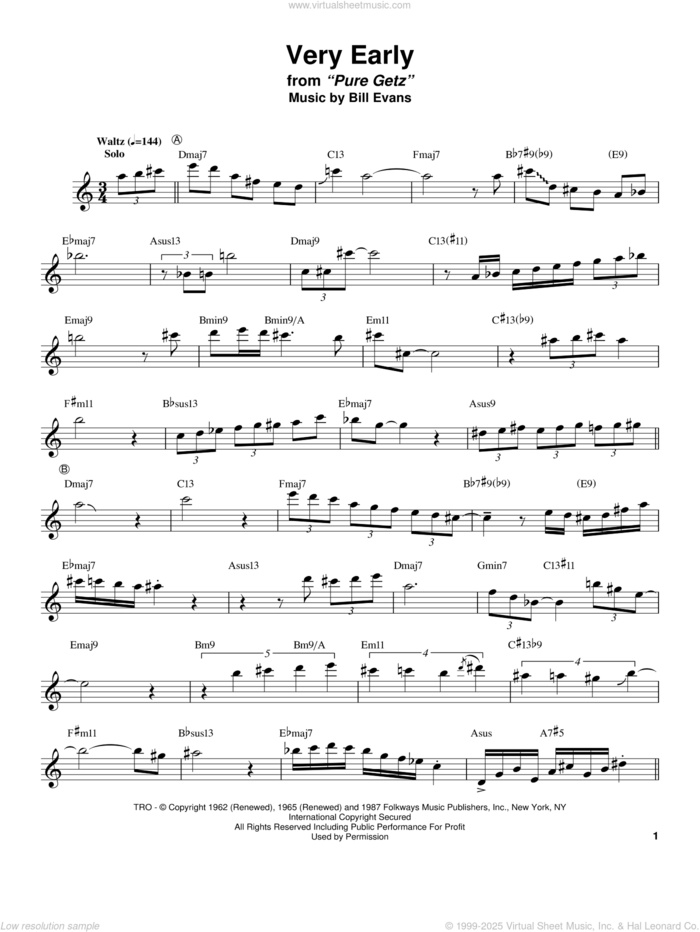 Very Early sheet music for tenor saxophone solo (transcription) by Stan Getz and Bill Evans, intermediate tenor saxophone (transcription)