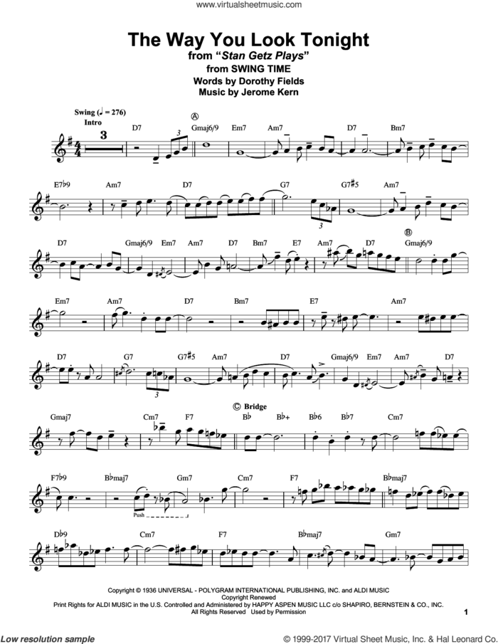 The Way You Look Tonight sheet music for tenor saxophone solo (transcription) by Stan Getz, Dorothy Fields and Jerome Kern, wedding score, intermediate tenor saxophone (transcription)