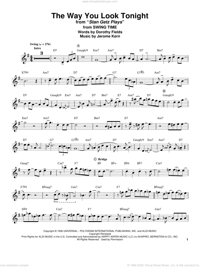 The Way You Look Tonight sheet music for tenor saxophone solo (transcription) by Stan Getz, Dorothy Fields and Jerome Kern, wedding score, intermediate tenor saxophone (transcription)