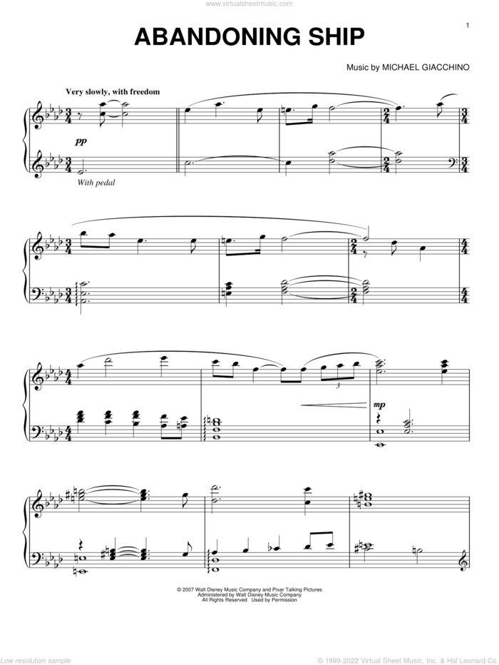 Abandoning Ship sheet music for piano solo by Michael Giacchino and Ratatouille (Movie), intermediate skill level