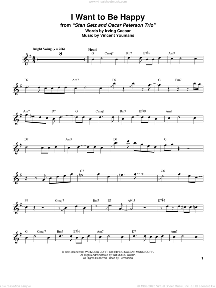 I Want To Be Happy sheet music for tenor saxophone solo (transcription) by Stan Getz, Irving Caesar and Vincent Youmans, intermediate tenor saxophone (transcription)