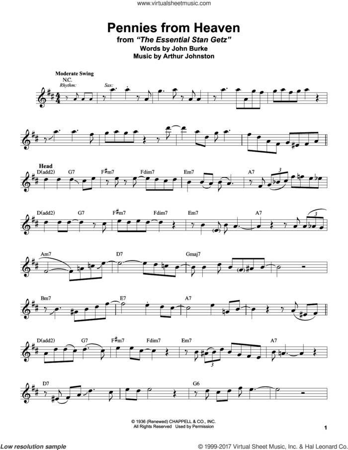 Pennies From Heaven sheet music for tenor saxophone solo (transcription) by Stan Getz, Arthur Johnston and John Burke, intermediate tenor saxophone (transcription)