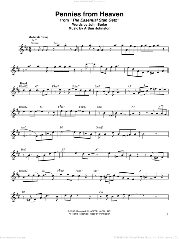 Pennies From Heaven sheet music for tenor saxophone solo (transcription) by Stan Getz, Arthur Johnston and John Burke, intermediate tenor saxophone (transcription)