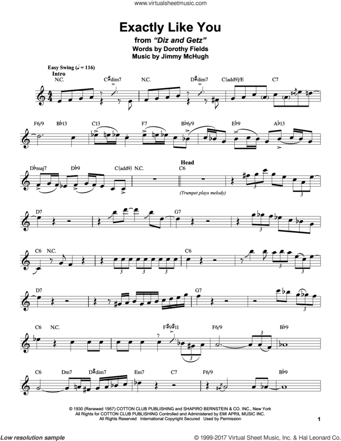 Exactly Like You sheet music for tenor saxophone solo (transcription) by Stan Getz, Dorothy Fields and Jimmy McHugh, intermediate tenor saxophone (transcription)