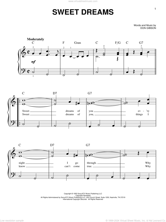 Sweet Dreams sheet music for piano solo by Patsy Cline, Emmylou Harris and Don Gibson, easy skill level