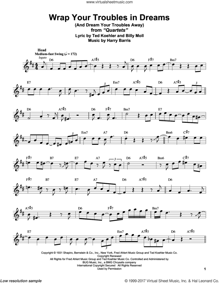 Wrap Your Troubles In Dreams (And Dream Your Troubles Away) sheet music for tenor saxophone solo (transcription) by Stan Getz, Billy Moll, Harry Barris and Ted Koehler, intermediate tenor saxophone (transcription)
