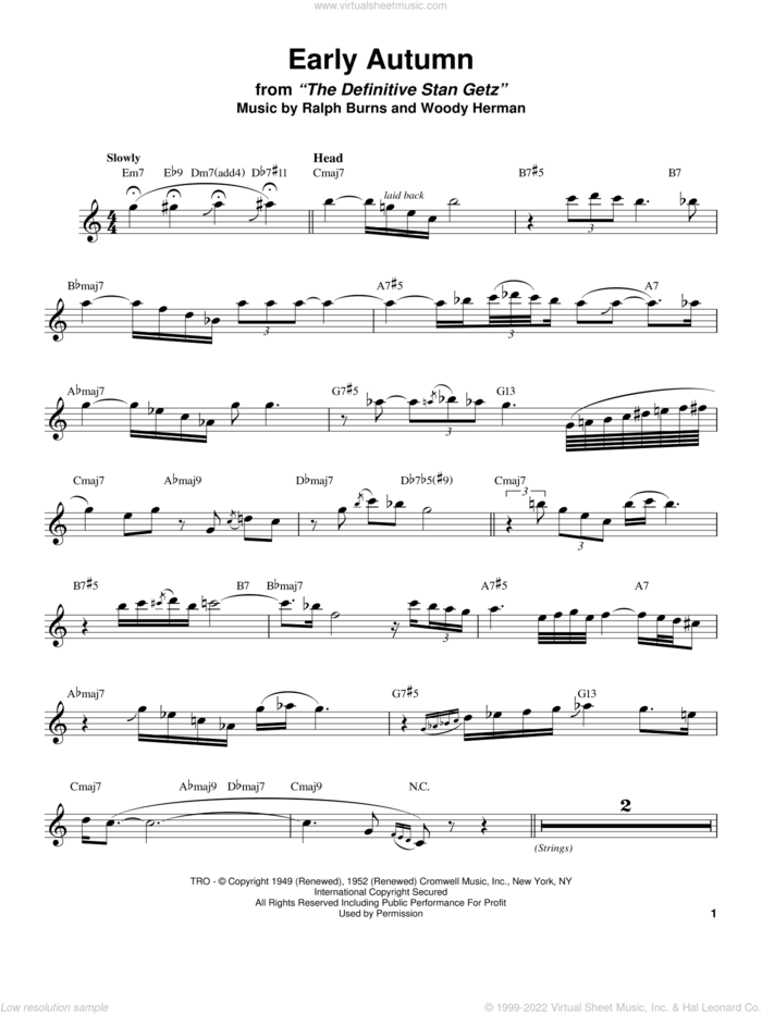 Early Autumn sheet music for tenor saxophone solo (transcription) by Stan Getz, Johnny Mercer, Ralph Burns and Woody Herman, intermediate tenor saxophone (transcription)