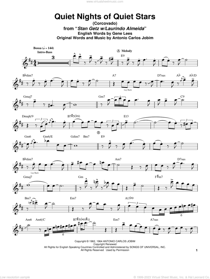 Quiet Nights Of Quiet Stars (Corcovado) sheet music for tenor saxophone solo (transcription) by Stan Getz, Andy Williams, Antonio Carlos Jobim and Eugene John Lees, intermediate tenor saxophone (transcription)