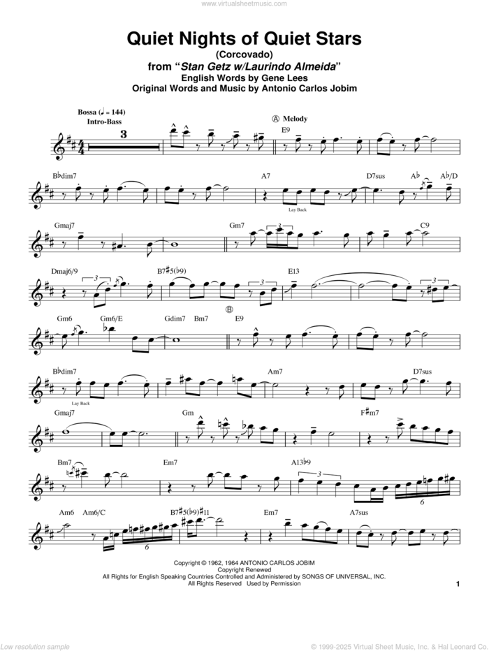 Quiet Nights Of Quiet Stars (Corcovado) sheet music for tenor saxophone solo (transcription) by Stan Getz, Andy Williams, Antonio Carlos Jobim and Eugene John Lees, intermediate tenor saxophone (transcription)