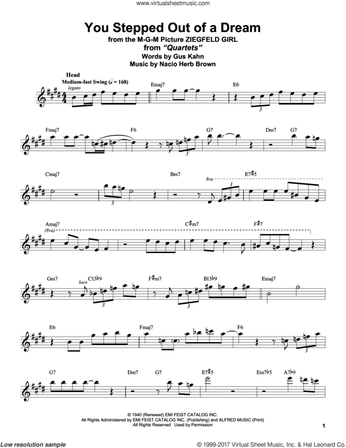 You Stepped Out Of A Dream sheet music for tenor saxophone solo (transcription) by Stan Getz, Gus Kahn and Nacio Herb Brown, intermediate tenor saxophone (transcription)