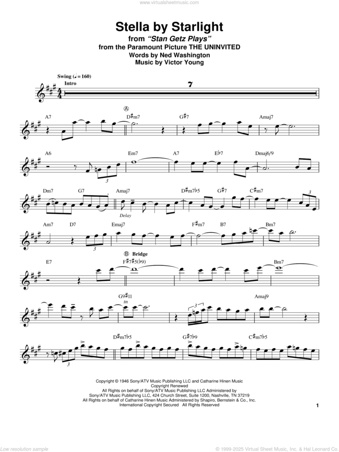 Stella By Starlight sheet music for tenor saxophone solo (transcription) by Stan Getz, Ray Charles, Ned Washington and Victor Young, intermediate tenor saxophone (transcription)